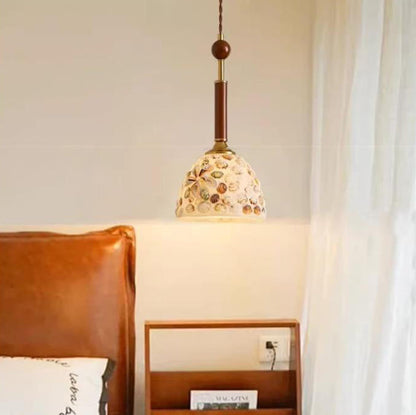 Traditional Vintage Oval Glass Iron Solid Wood 1-Light Pendant Light For Bedroom
