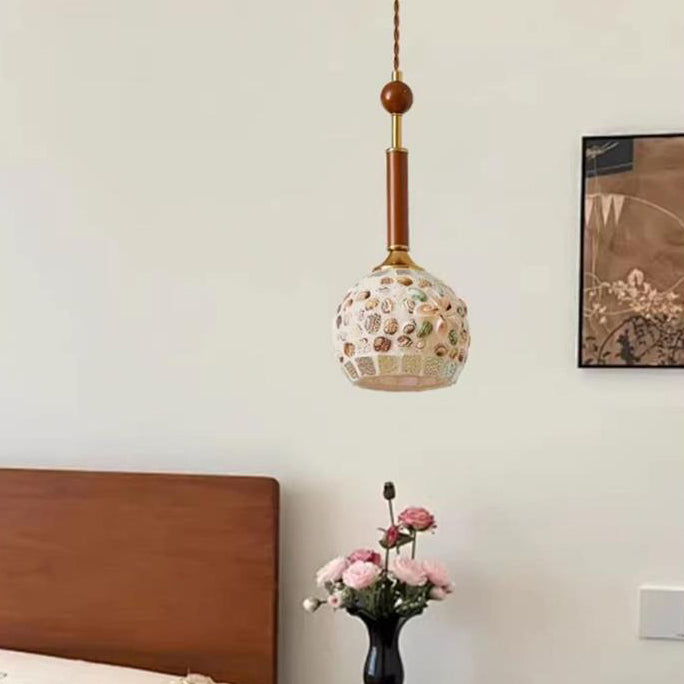 Traditional Vintage Oval Glass Iron Solid Wood 1-Light Pendant Light For Bedroom