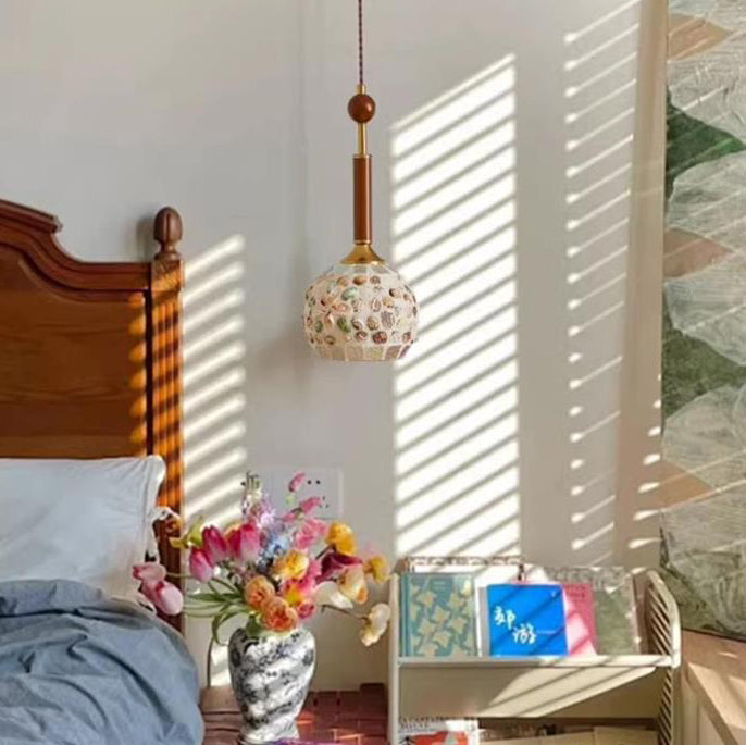 Traditional Vintage Oval Glass Iron Solid Wood 1-Light Pendant Light For Bedroom
