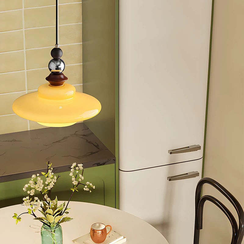 Traditional Vintage Straw Hat-Shaped Solid Wood Glass Iron 1-Light Pendant Light For Bedroom