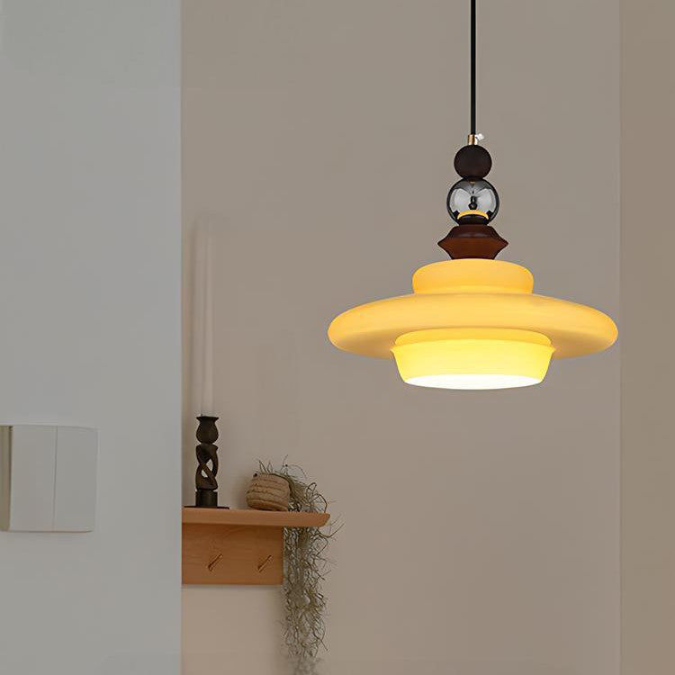 Traditional Vintage Straw Hat-Shaped Solid Wood Glass Iron 1-Light Pendant Light For Bedroom