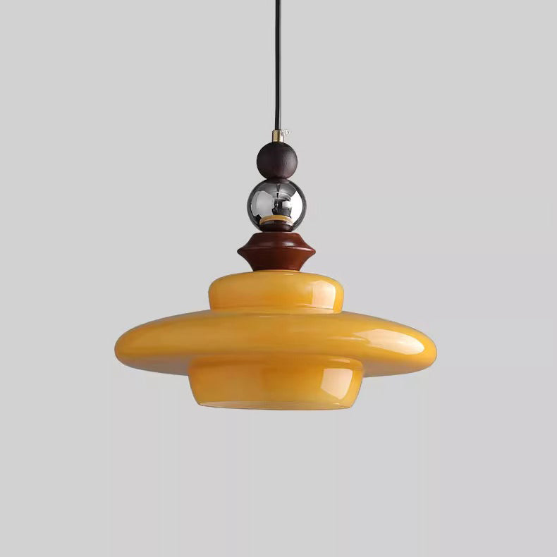 Traditional Vintage Straw Hat-Shaped Solid Wood Glass Iron 1-Light Pendant Light For Bedroom