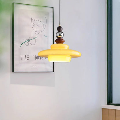 Traditional Vintage Straw Hat-Shaped Solid Wood Glass Iron 1-Light Pendant Light For Bedroom