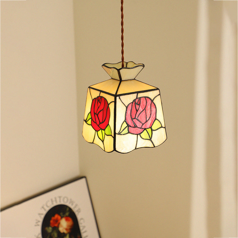 Traditional Vintage Prismatic Copper Hardware Glass 1-Light Pendant Light For Bedroom
