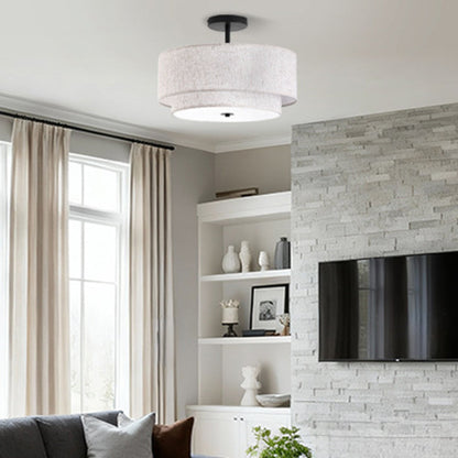 Modern Minimalist Iron Linen Round 1-Light Semi-Flush Mount Ceiling Light For Living Room & Bedroom