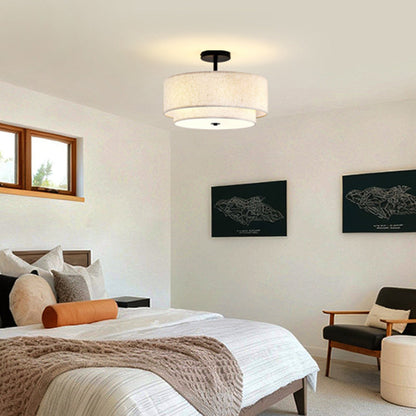 Modern Minimalist Iron Linen Round 1-Light Semi-Flush Mount Ceiling Light For Living Room & Bedroom