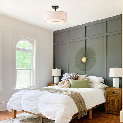 Modern Minimalist Iron Linen Round 1-Light Semi-Flush Mount Ceiling Light For Living Room & Bedroom