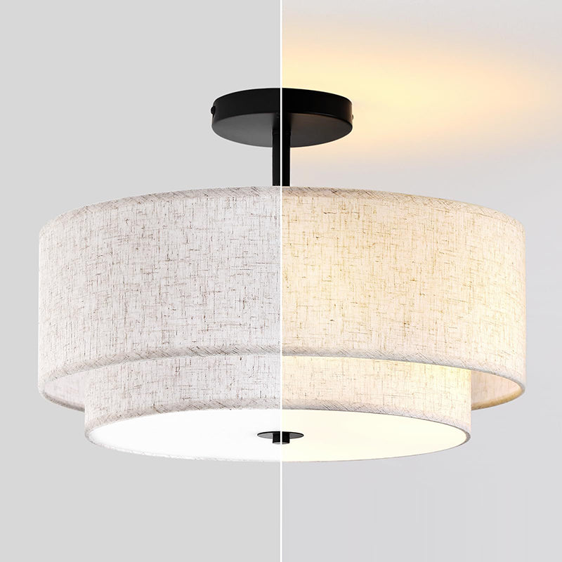 Modern Minimalist Iron Linen Round 1-Light Semi-Flush Mount Ceiling Light For Living Room & Bedroom