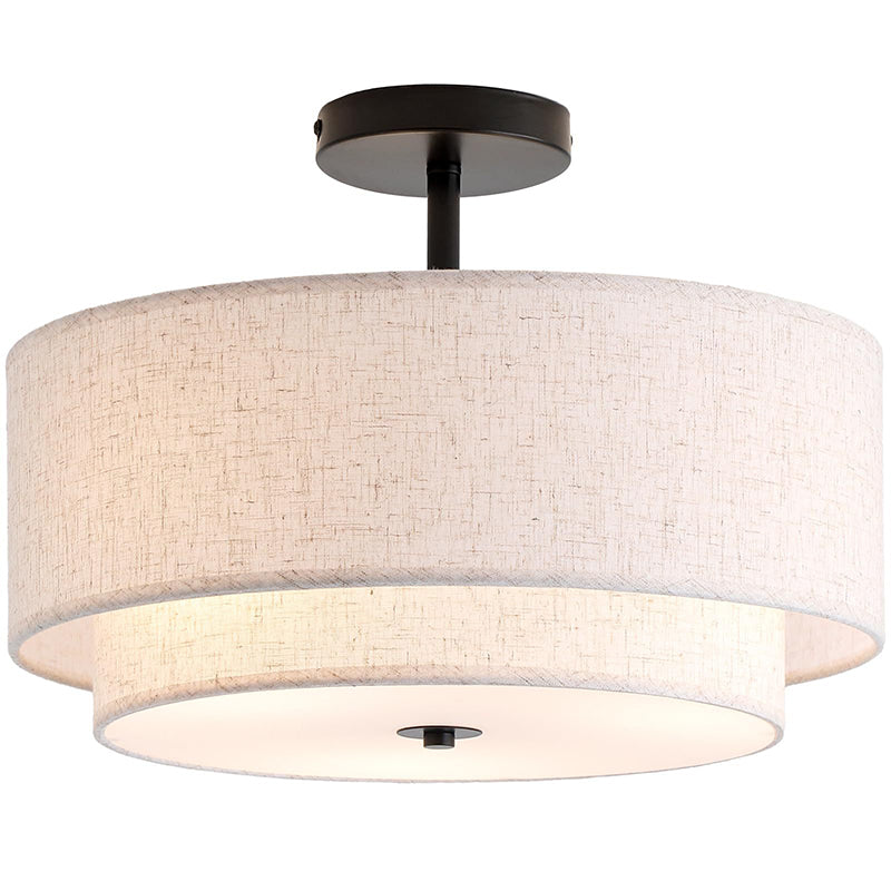 Modern Minimalist Iron Linen Round 1-Light Semi-Flush Mount Ceiling Light For Living Room & Bedroom