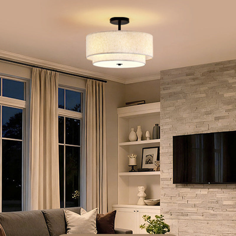 Modern Minimalist Iron Linen Round 1-Light Semi-Flush Mount Ceiling Light For Living Room & Bedroom