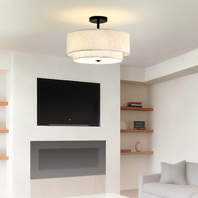 Modern Minimalist Iron Linen Round 1-Light Semi-Flush Mount Ceiling Light For Living Room & Bedroom