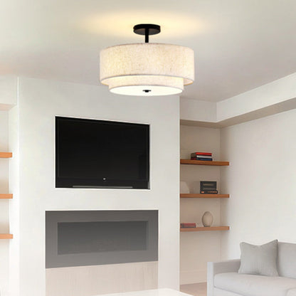 Modern Minimalist Iron Linen Round 1-Light Semi-Flush Mount Ceiling Light For Living Room & Bedroom