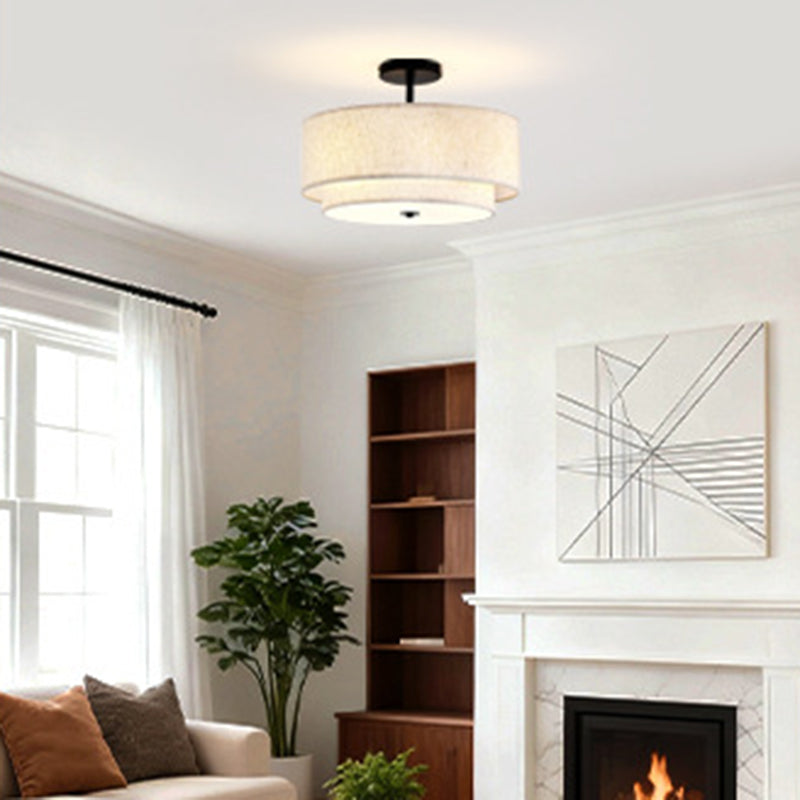 Modern Minimalist Iron Linen Round 1-Light Semi-Flush Mount Ceiling Light For Living Room & Bedroom