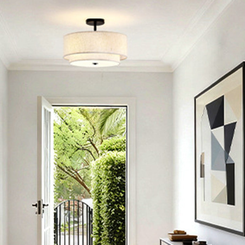 Modern Minimalist Iron Linen Round 1-Light Semi-Flush Mount Ceiling Light For Living Room & Bedroom
