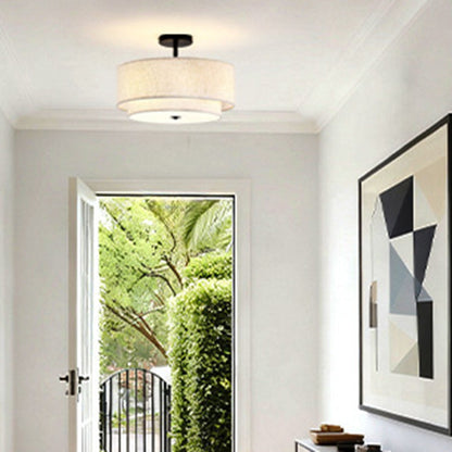 Modern Minimalist Iron Linen Round 1-Light Semi-Flush Mount Ceiling Light For Living Room & Bedroom