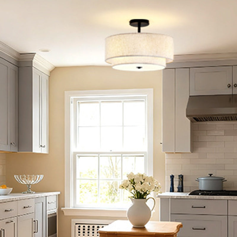 Modern Minimalist Iron Linen Round 1-Light Semi-Flush Mount Ceiling Light For Living Room & Bedroom
