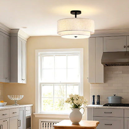 Modern Minimalist Iron Linen Round 1-Light Semi-Flush Mount Ceiling Light For Living Room & Bedroom