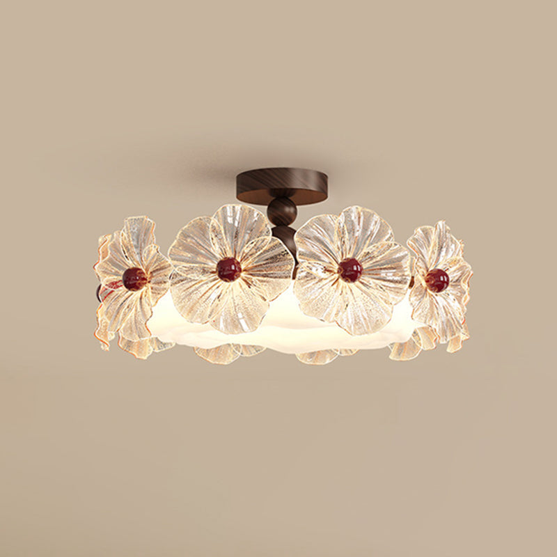 Modern Luxury Iron Acrylic Crystal Flower-Shaped Round LED Semi-Flush Mount Ceiling Light For Living Room & Bedroom