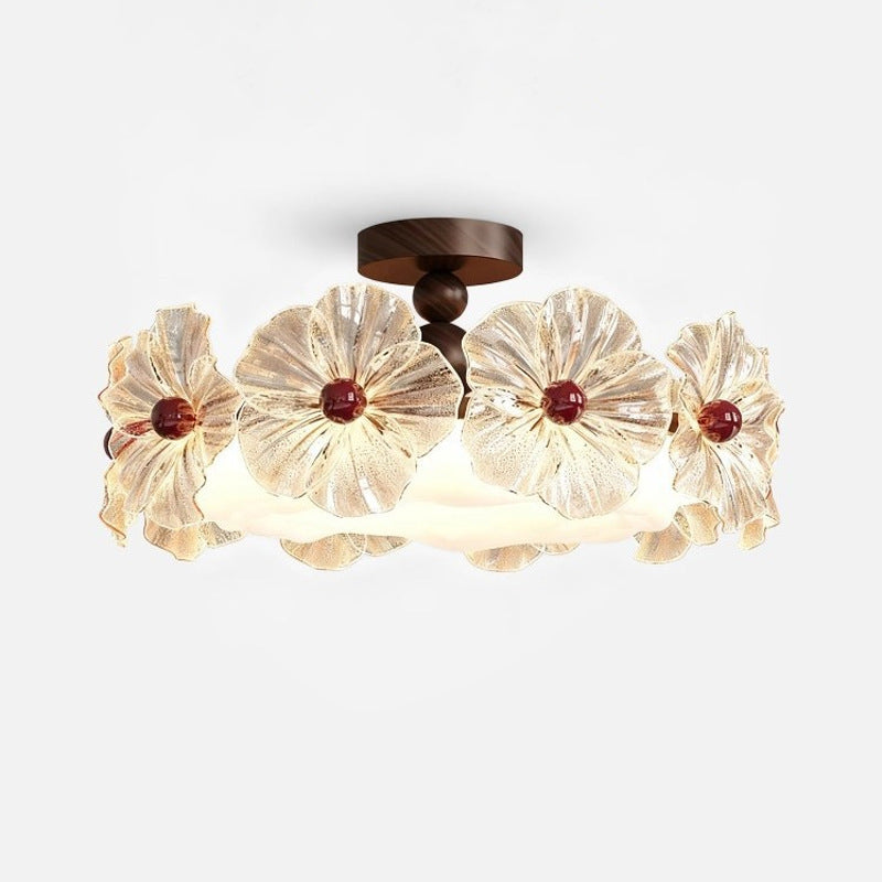 Modern Luxury Iron Acrylic Crystal Flower-Shaped Round LED Semi-Flush Mount Ceiling Light For Living Room & Bedroom