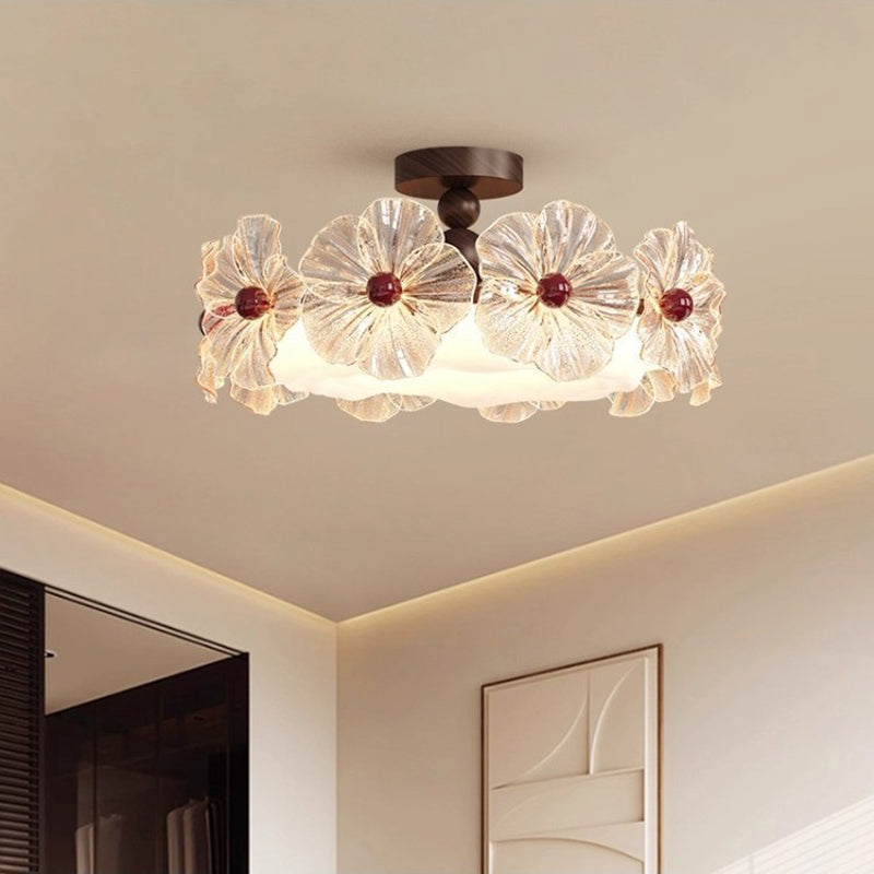 Modern Luxury Iron Acrylic Crystal Flower-Shaped Round LED Semi-Flush Mount Ceiling Light For Living Room & Bedroom