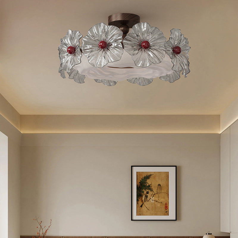 Modern Luxury Iron Acrylic Crystal Flower-Shaped Round LED Semi-Flush Mount Ceiling Light For Living Room & Bedroom