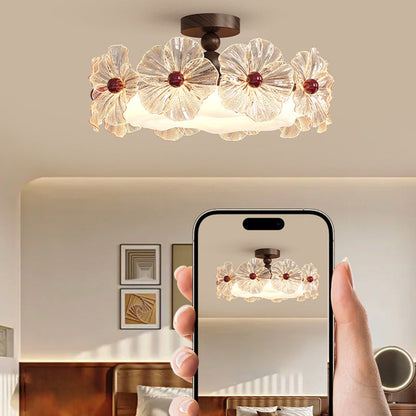 Modern Luxury Iron Acrylic Crystal Flower-Shaped Round LED Semi-Flush Mount Ceiling Light For Living Room & Bedroom
