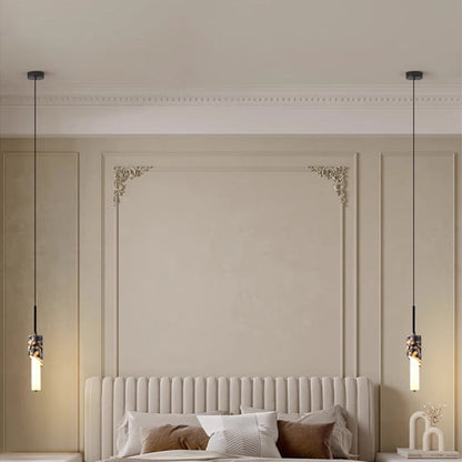 Modern Luxury Columnar Metal Marble Glass LED Pendant Light For Bedroom