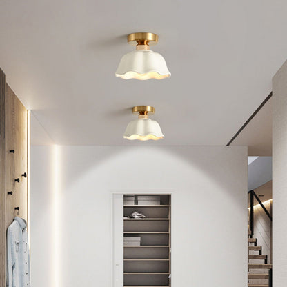 Contemporary Nordic Flower Iron Glass Ceramic 1-Light Semi-Flush Mount Ceiling Light For Entryway