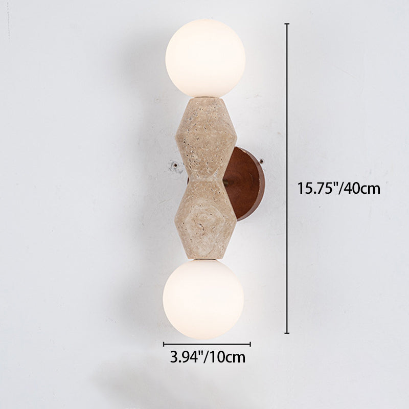 Traditional Japanese Geometric Solid Wood Yellow Travertine 2-Light Wall Sconce Lamp For Living Room