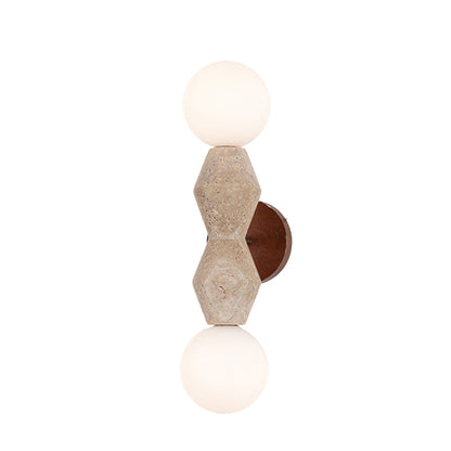 Traditional Japanese Geometric Solid Wood Yellow Travertine 2-Light Wall Sconce Lamp For Living Room