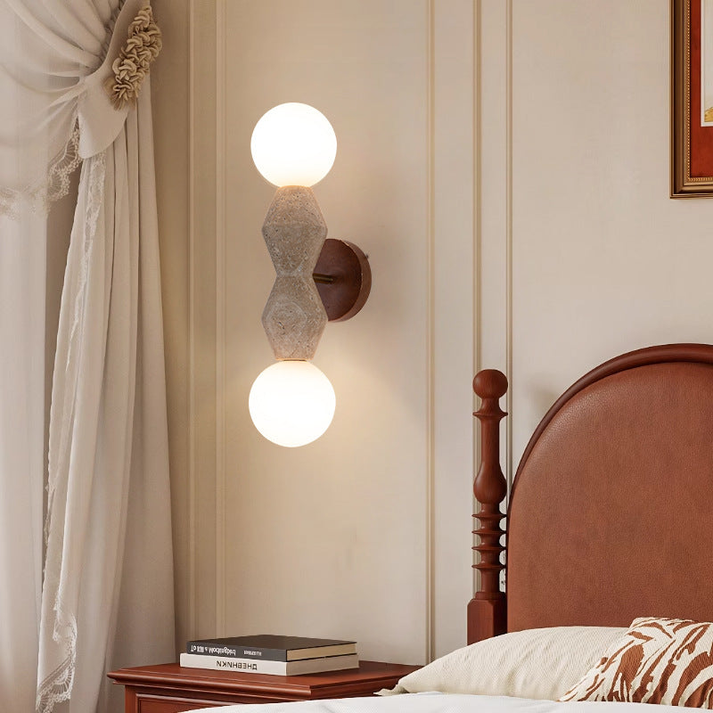 Traditional Japanese Geometric Solid Wood Yellow Travertine 2-Light Wall Sconce Lamp For Living Room