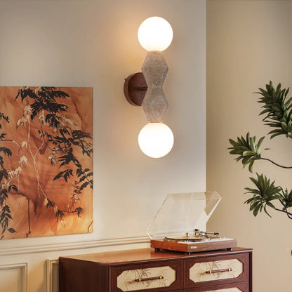 Traditional Japanese Geometric Solid Wood Yellow Travertine 2-Light Wall Sconce Lamp For Living Room