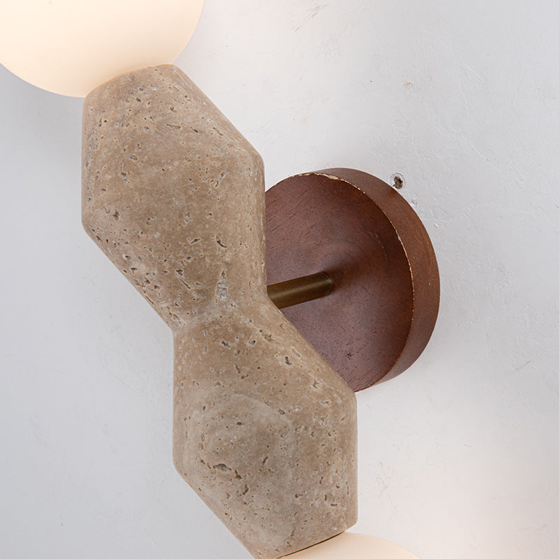 Traditional Japanese Geometric Solid Wood Yellow Travertine 2-Light Wall Sconce Lamp For Living Room