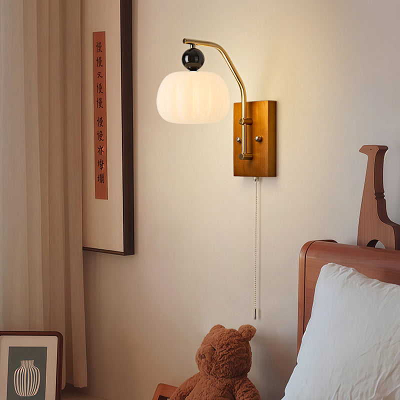 Traditional Vintage Pumpkin & Oval Solid Wood Iron Resin Zipper 1-Light Wall Sconce Lamp For Bedroom