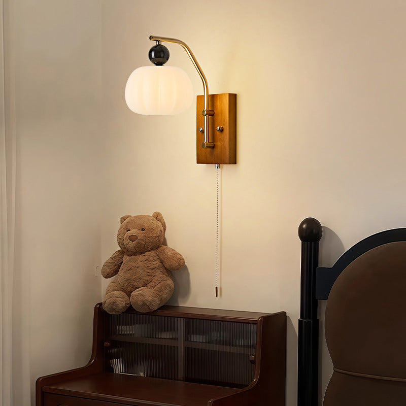 Traditional Vintage Pumpkin & Oval Solid Wood Iron Resin Zipper 1-Light Wall Sconce Lamp For Bedroom