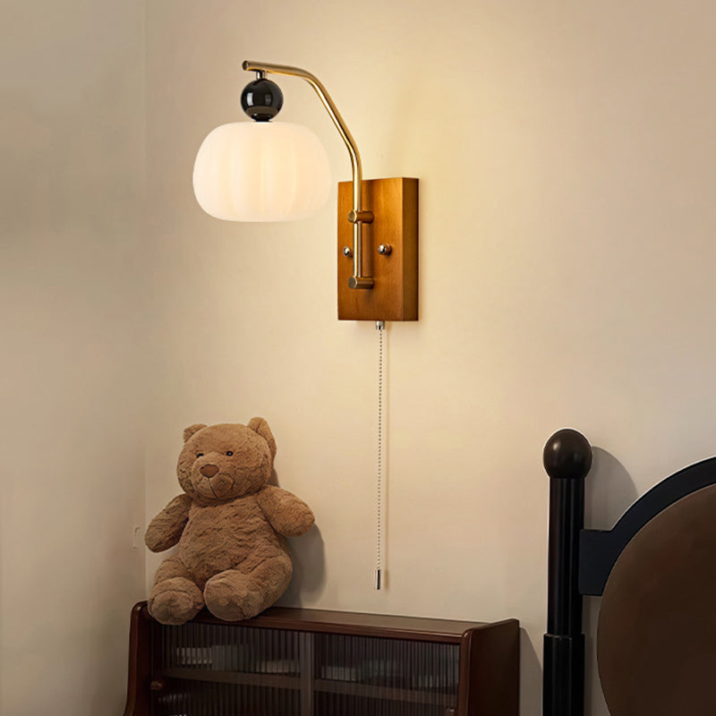 Traditional Vintage Pumpkin & Oval Solid Wood Iron Resin Zipper 1-Light Wall Sconce Lamp For Bedroom