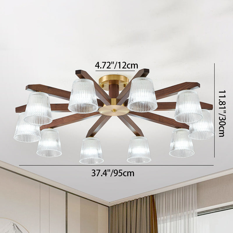 Contemporary Retro Cup Walnut Wood Copper Glass 5/6/8/10-Light Semi-Flush Mount Ceiling Light For Bedroom