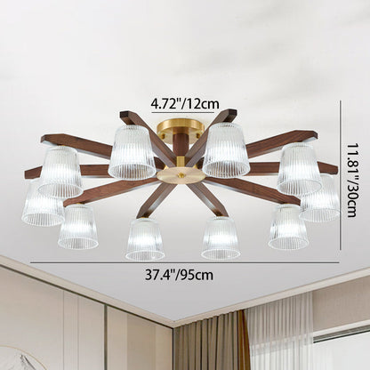 Contemporary Retro Cup Walnut Wood Copper Glass 5/6/8/10-Light Semi-Flush Mount Ceiling Light For Bedroom