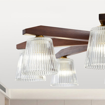 Contemporary Retro Cup Walnut Wood Copper Glass 5/6/8/10-Light Semi-Flush Mount Ceiling Light For Bedroom