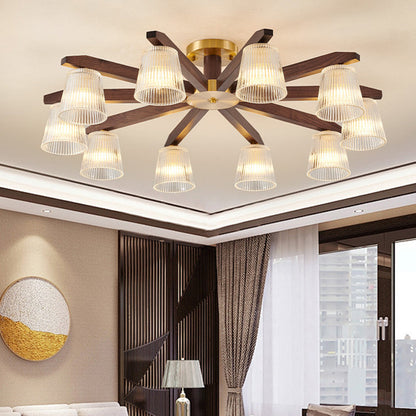 Contemporary Retro Cup Walnut Wood Copper Glass 5/6/8/10-Light Semi-Flush Mount Ceiling Light For Bedroom