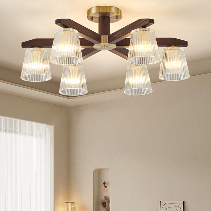 Contemporary Retro Cup Walnut Wood Copper Glass 5/6/8/10-Light Semi-Flush Mount Ceiling Light For Bedroom