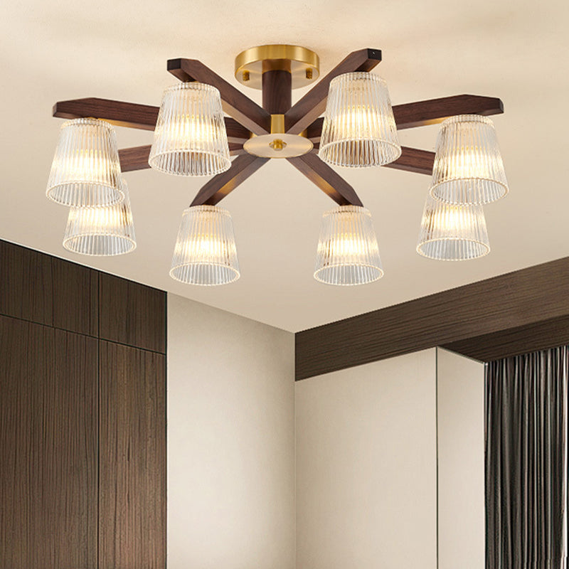 Contemporary Retro Cup Walnut Wood Copper Glass 5/6/8/10-Light Semi-Flush Mount Ceiling Light For Bedroom