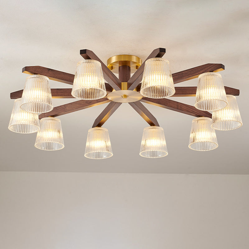 Contemporary Retro Cup Walnut Wood Copper Glass 5/6/8/10-Light Semi-Flush Mount Ceiling Light For Bedroom