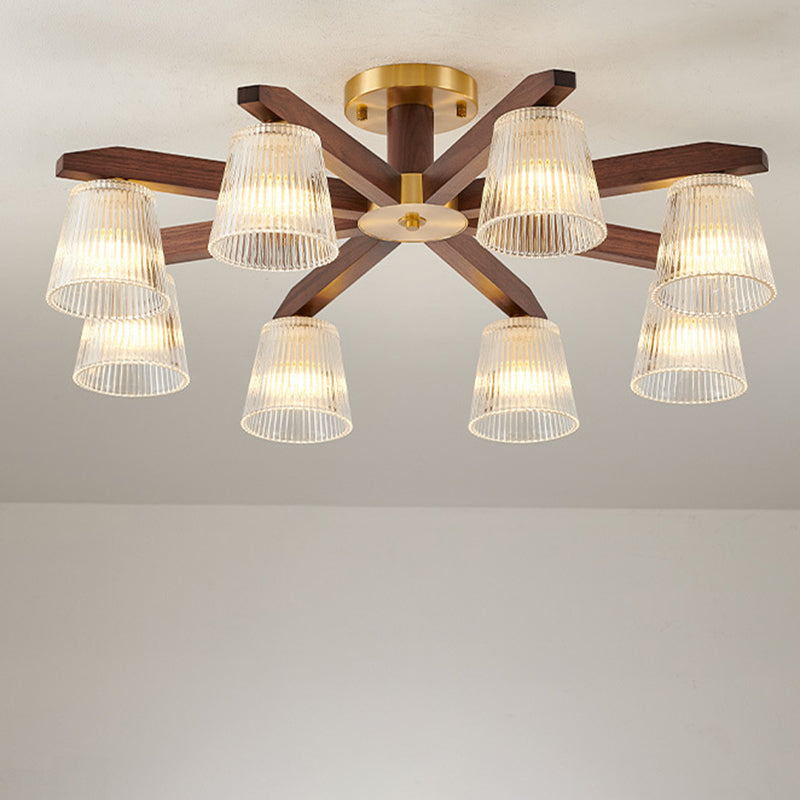 Contemporary Retro Cup Walnut Wood Copper Glass 5/6/8/10-Light Semi-Flush Mount Ceiling Light For Bedroom