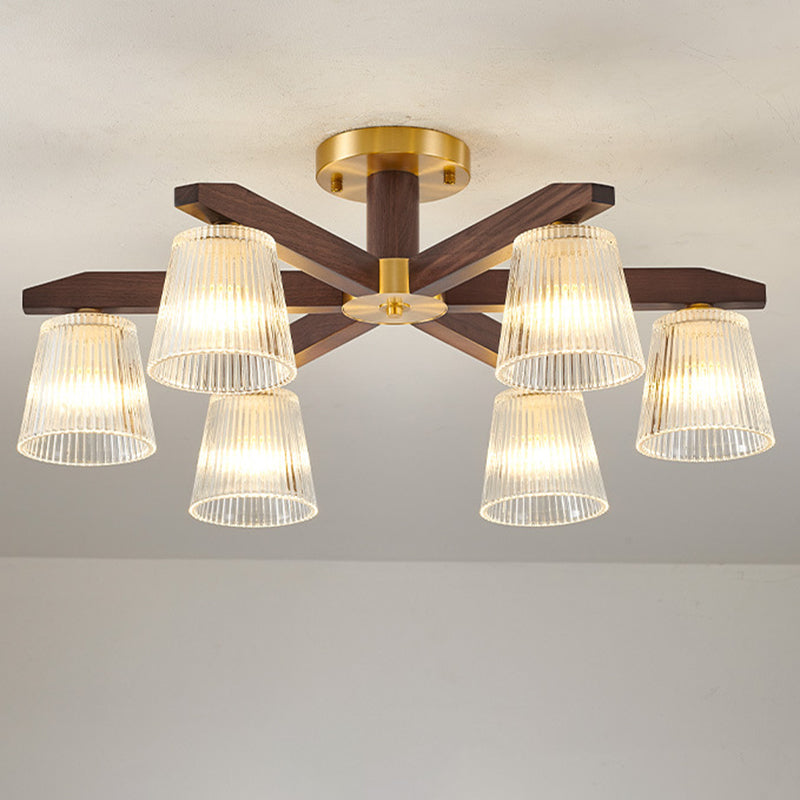Contemporary Retro Cup Walnut Wood Copper Glass 5/6/8/10-Light Semi-Flush Mount Ceiling Light For Bedroom