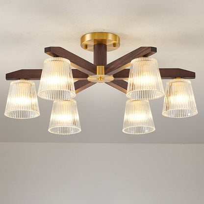 Contemporary Retro Cup Walnut Wood Copper Glass 5/6/8/10-Light Semi-Flush Mount Ceiling Light For Bedroom