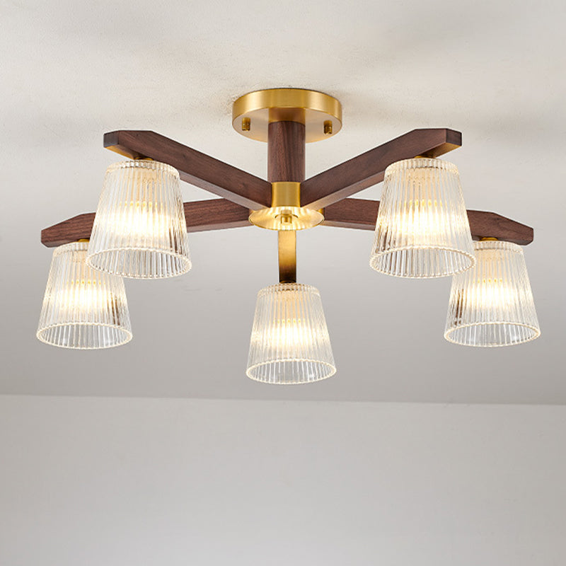 Contemporary Retro Cup Walnut Wood Copper Glass 5/6/8/10-Light Semi-Flush Mount Ceiling Light For Bedroom