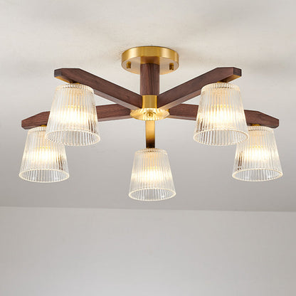 Contemporary Retro Cup Walnut Wood Copper Glass 5/6/8/10-Light Semi-Flush Mount Ceiling Light For Bedroom