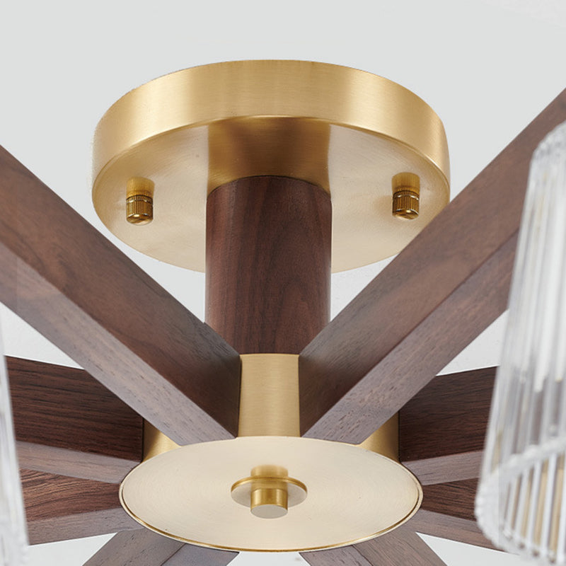 Contemporary Retro Cup Walnut Wood Copper Glass 5/6/8/10-Light Semi-Flush Mount Ceiling Light For Bedroom