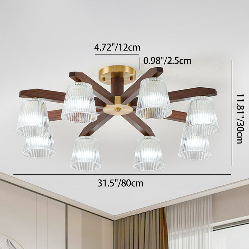 Contemporary Retro Cup Walnut Wood Copper Glass 5/6/8/10-Light Semi-Flush Mount Ceiling Light For Bedroom